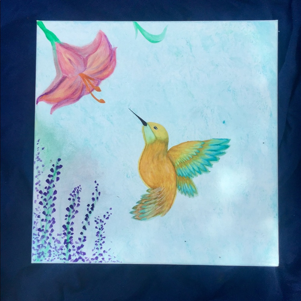 Hand painted Hummingbird & flowers